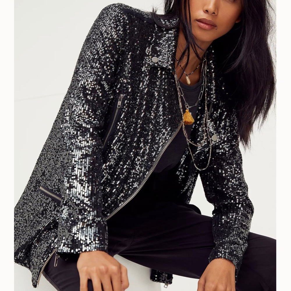 Free People Midnight Message Sequined Moto Jacket Indie Rockstar Grunge Glam M